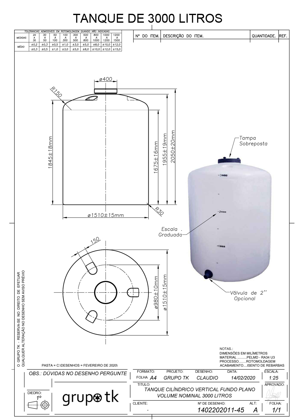 Tanque 3000 litros fundo plano